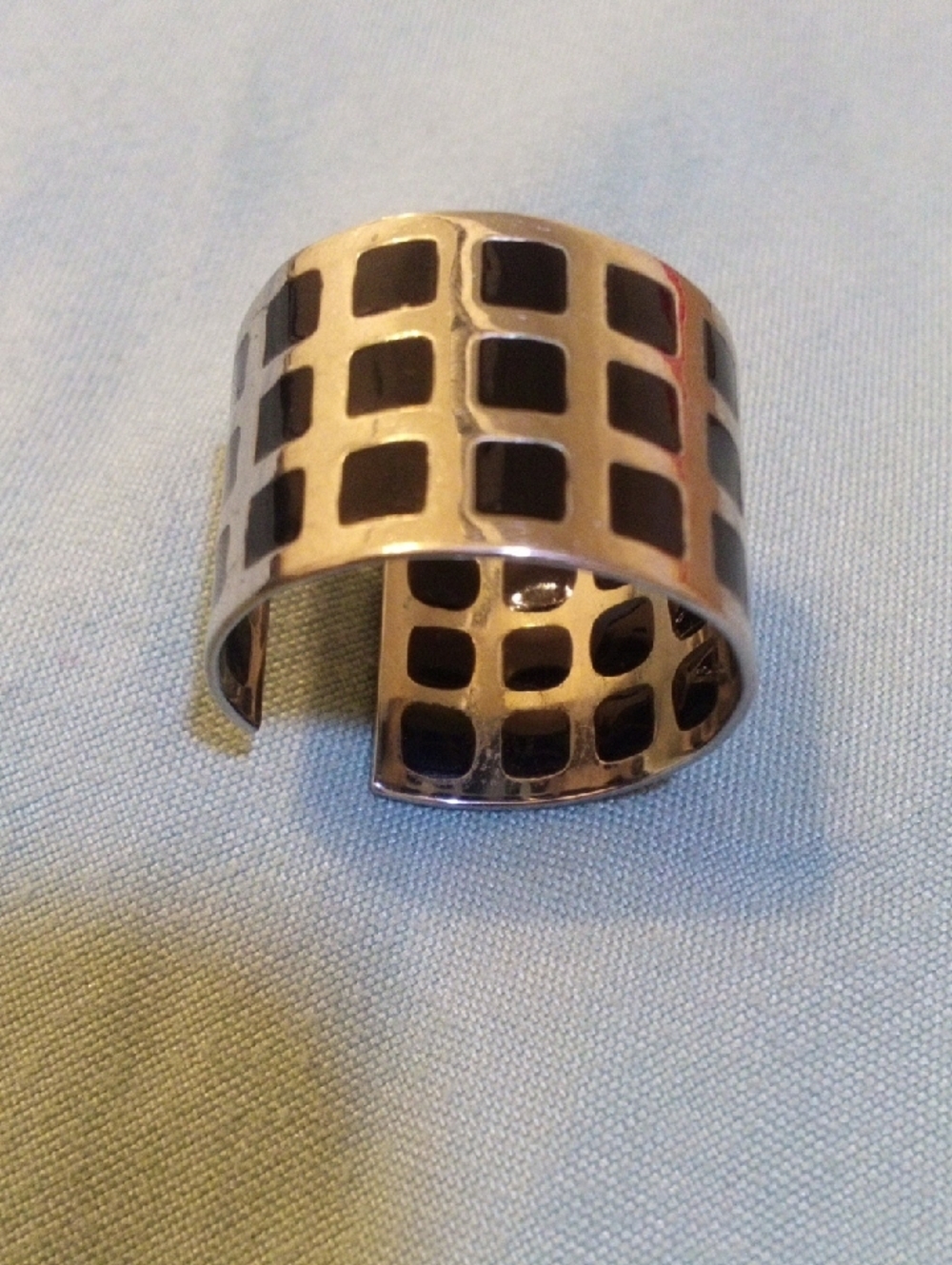 Modernist Silver Tone Black Enamel Grid Wide‎ Band Cuff Ring Size 8